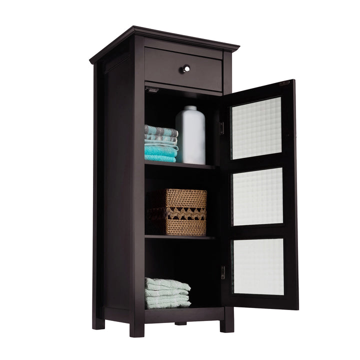A view of the three adjustable shelves inside the Teamson Home Chesterfield Wooden Floor Cabinet with Storage Drawer and Waffle Glass Door, Espresso