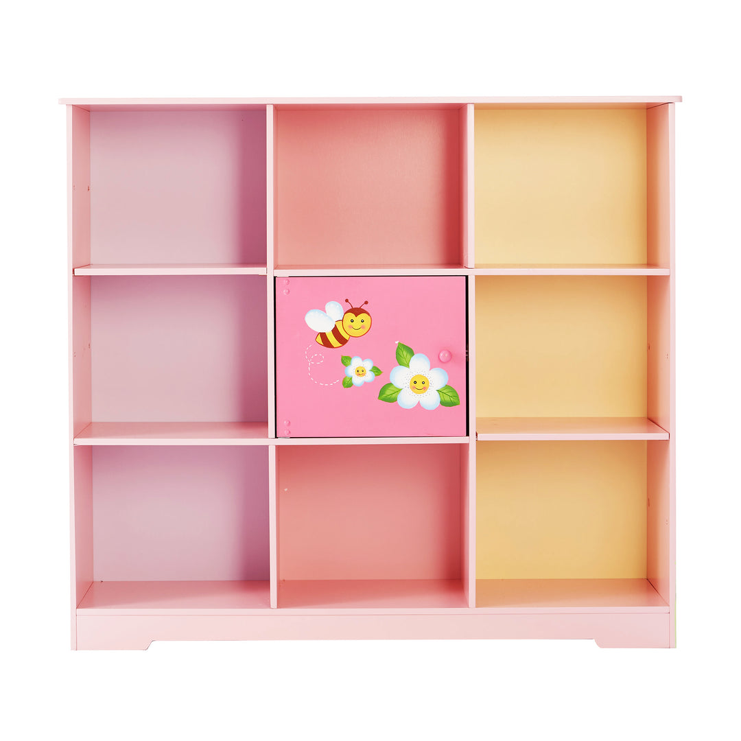 A Fantasy Fields Kids Painted Wooden Magic Garden adjustable cube bookshelf in pink and yellow, featuring ample storage and durable construction.
