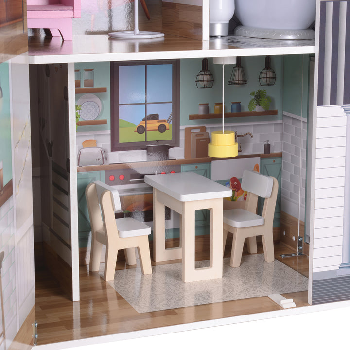 A close-up of the fully-illustrated kitchen with a pendant light, two chairs, and a table.