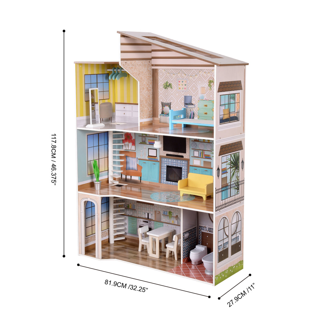 The dimensions of the three story dollhouse in inches and centimeters.
