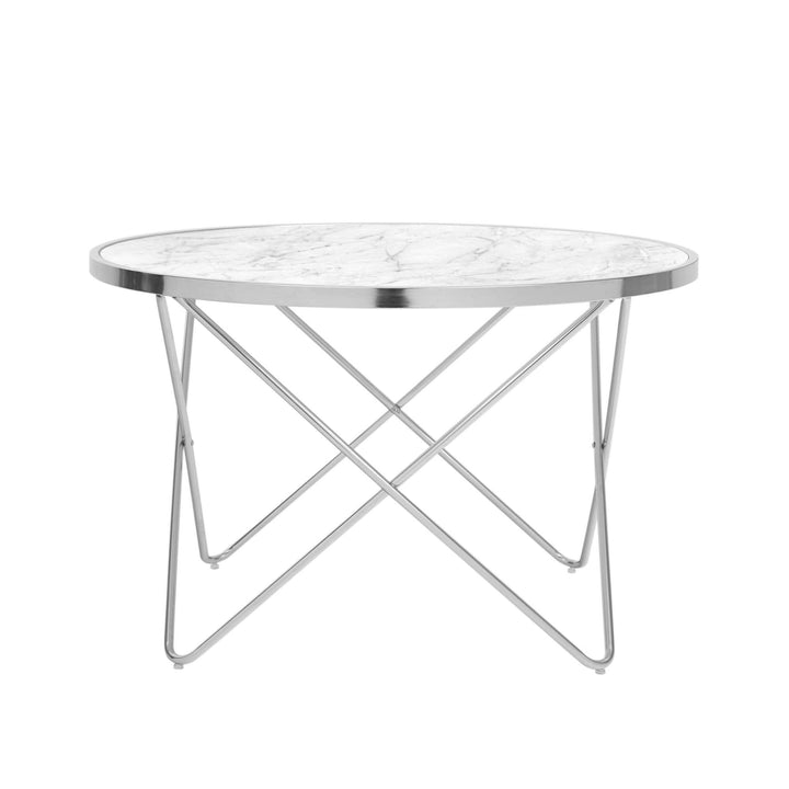 The Teamson Home Margo Small Round Faux White Carrara Marble coffee table with chrome legs.