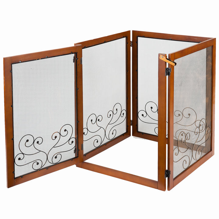 Decorative Dog Gate with 4 Screened Panels and Ornamental Scrollwork with the gate panel opened.