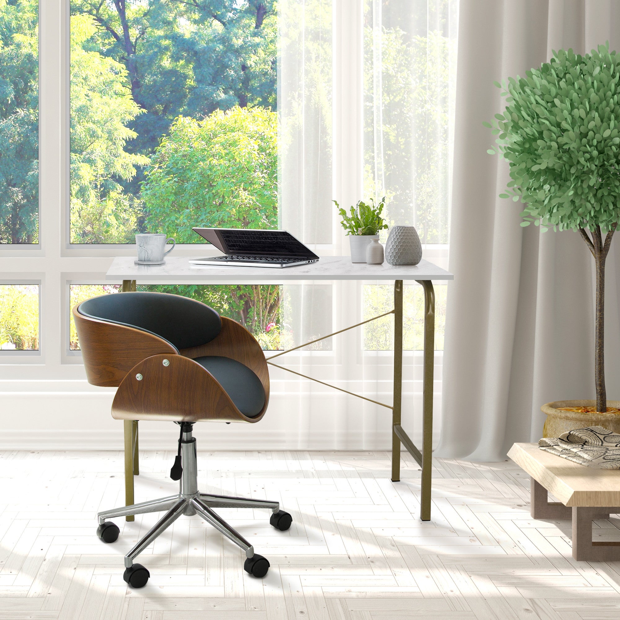 Teamson Home Faux Leather Curved Swivel Home Office Chair with Adjustable Seat Height, Black/Brown