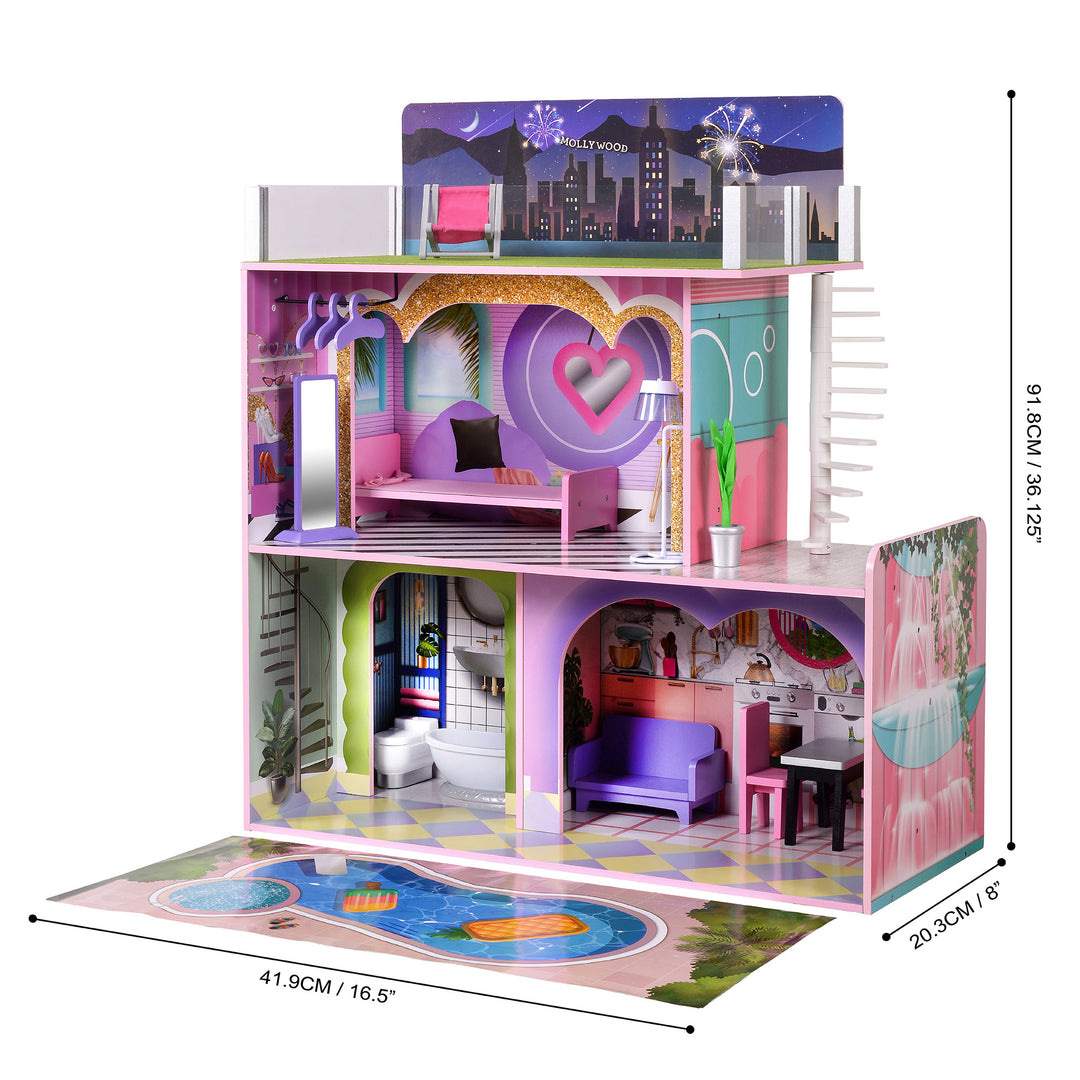 Dimensions in inches and centimeters two story dollhouse with a spiral staircase to a balcony on the rooftop.