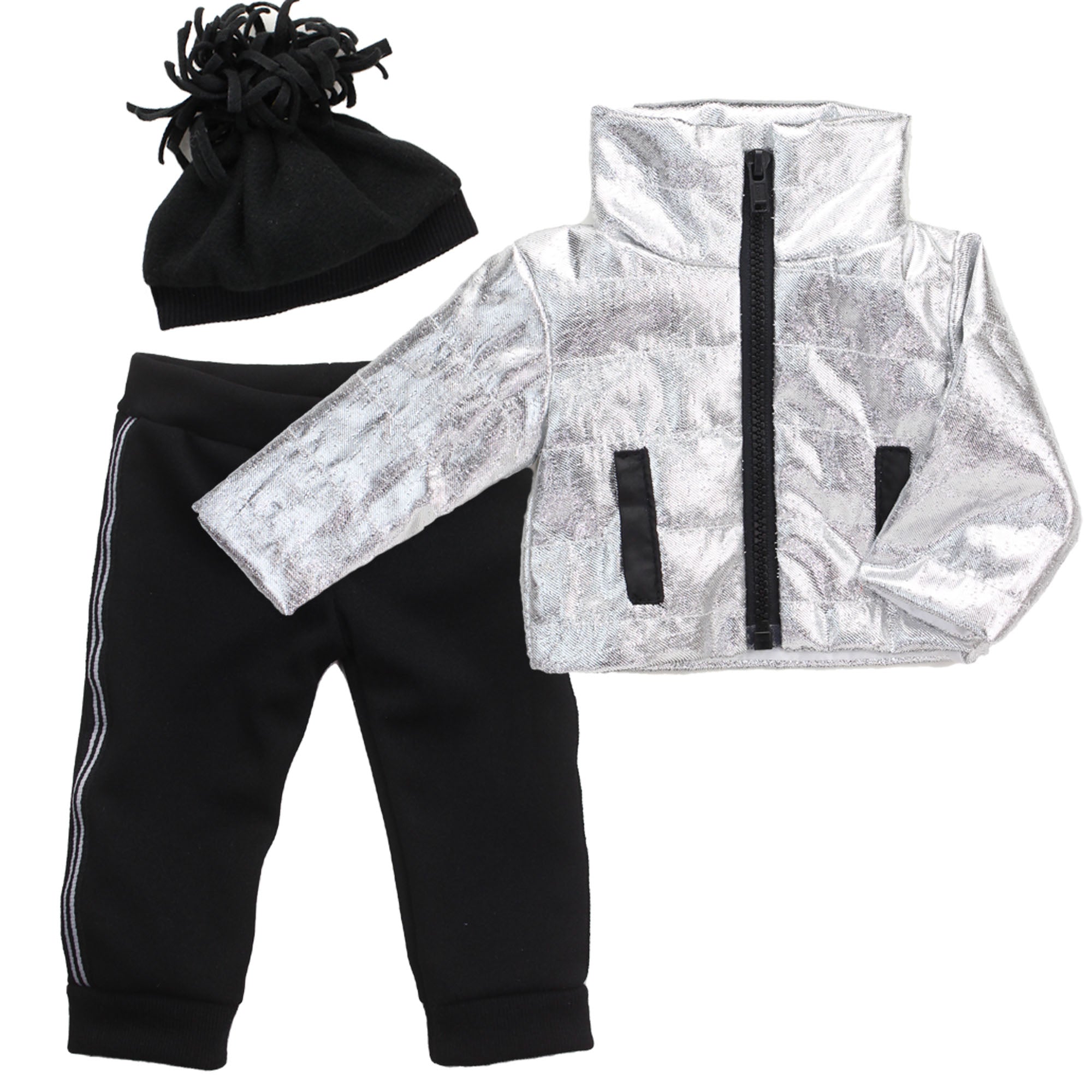 Sophia’s Complete Three-Piece Metallic Zip-Up Jacket, Black Side Stripe Joggers, & Knit Pom Pom Hat for 18” Dolls, Silver/Black
