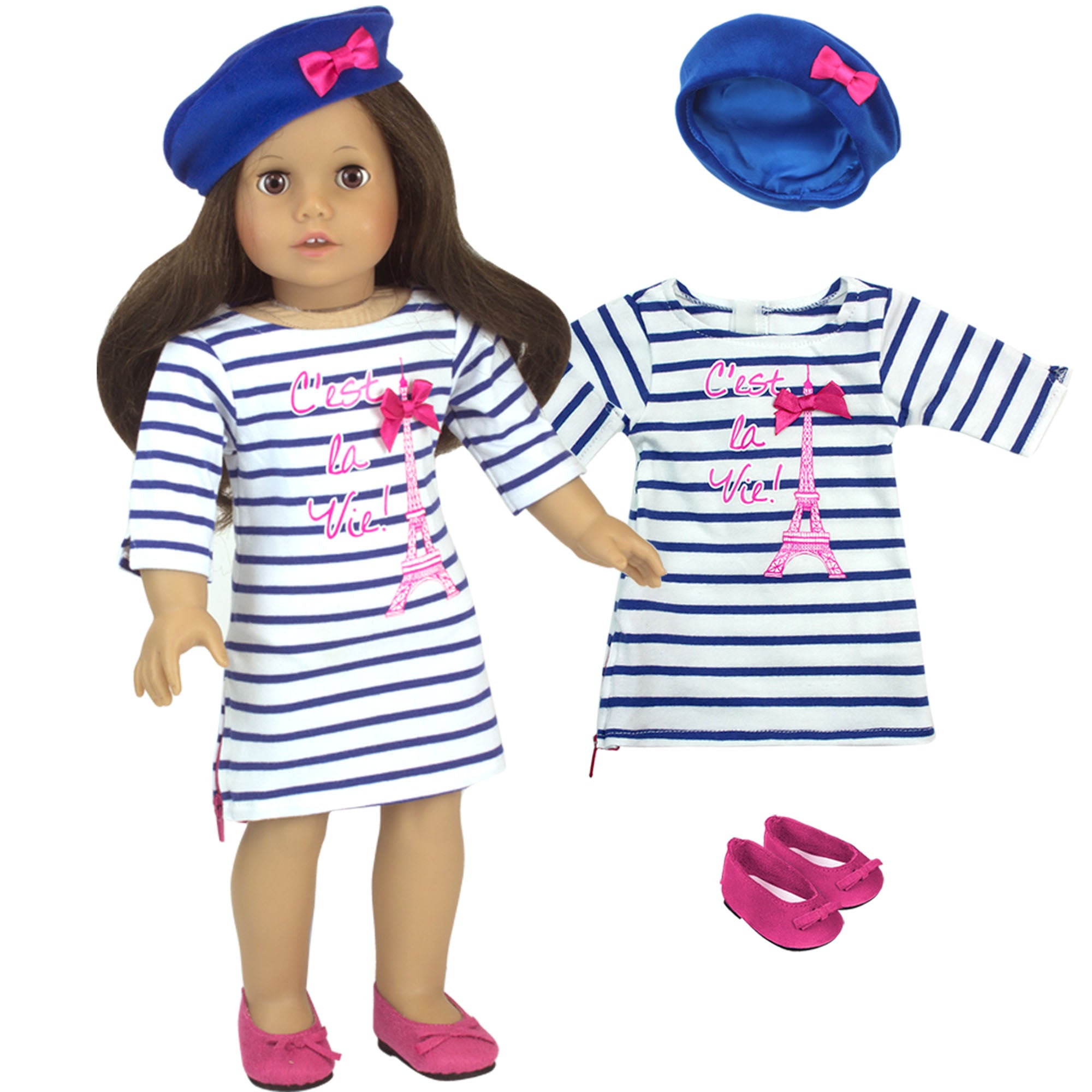 Sophia's 3 Piece Parisian Outfit with Eiffel Tower Dress, Beret Cap and Flats for 18" Dolls, Blue/Pink