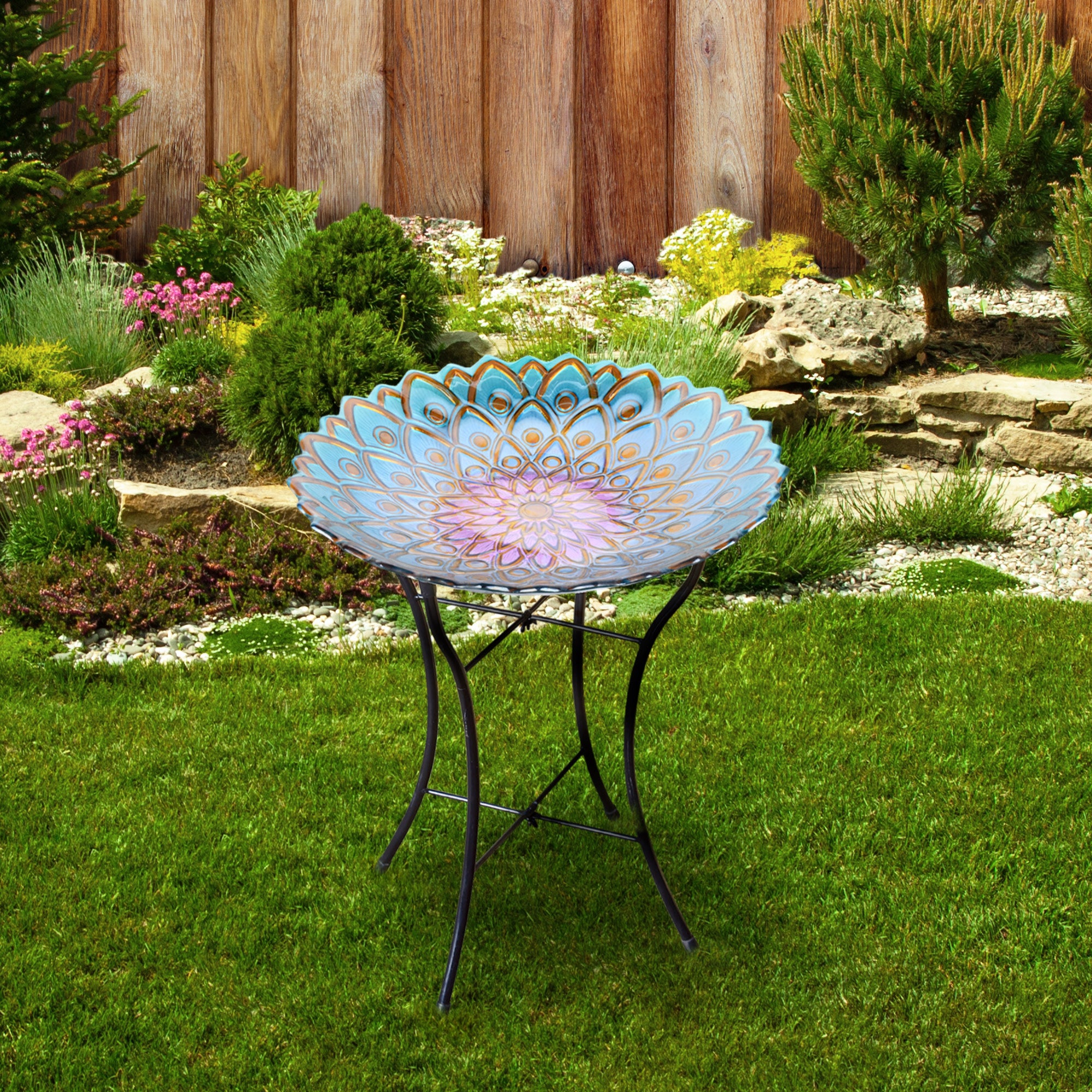Teamson Home 18" Glass Mosaic Flower Bird Bath with Stand, Multicolor