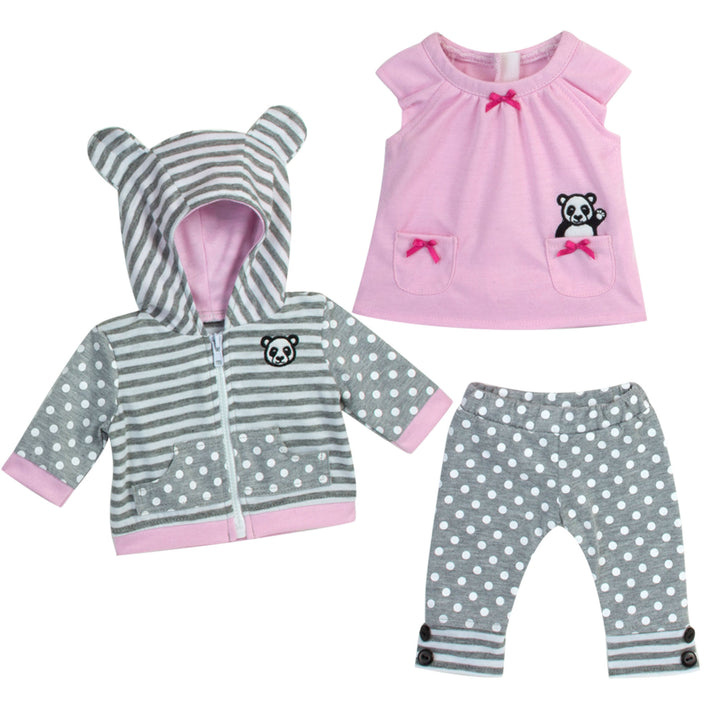 A pink tunic with a panda bear, gray polka-dotted leggings and a matching hooded sweatshirt