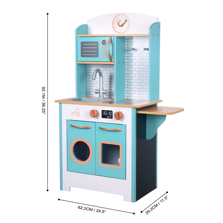 Teamson Kids - Little Chef Santos Retro Play Kitchen with dimensions in inches and centimeters.