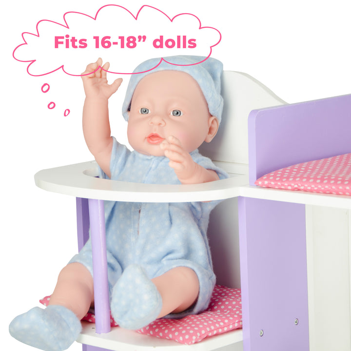 A picture of a baby doll dressed in a blue outfit  in the high chair with the caption, "Fits 16-18" dolls"