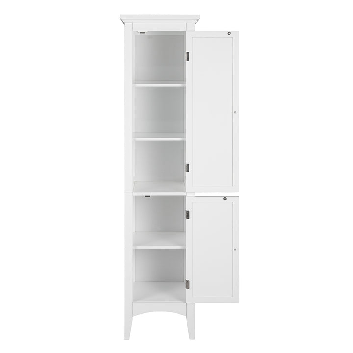 Tall white Teamson Home Glancy Wooden Tall Tower Cabinet with Storage with open shelves on top and a closed cupboard at the bottom.