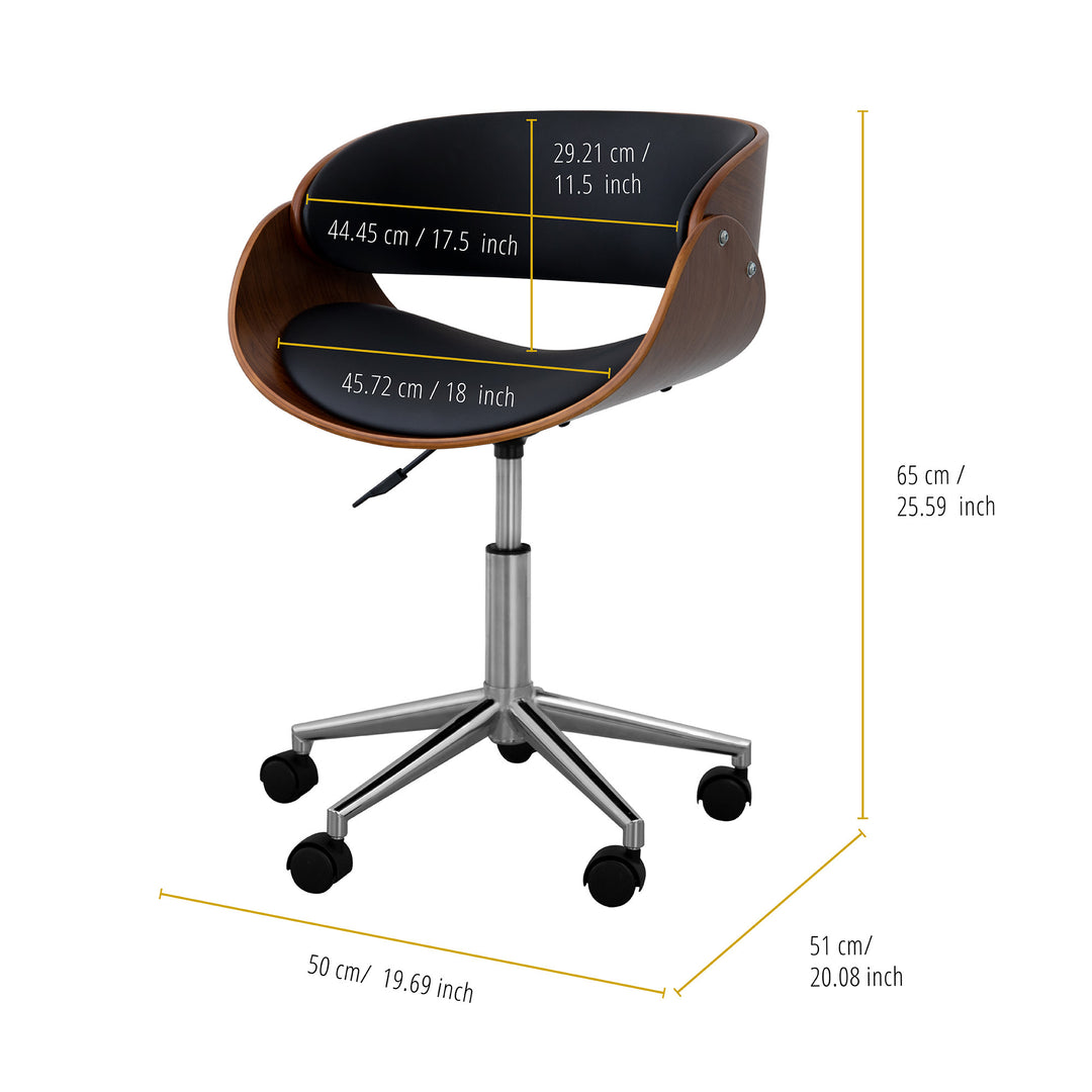 The measurements of a Teamson Home Faux Leather Curved Swivel Home Office Chair with Adjustable Seat Height, Black/Brown.