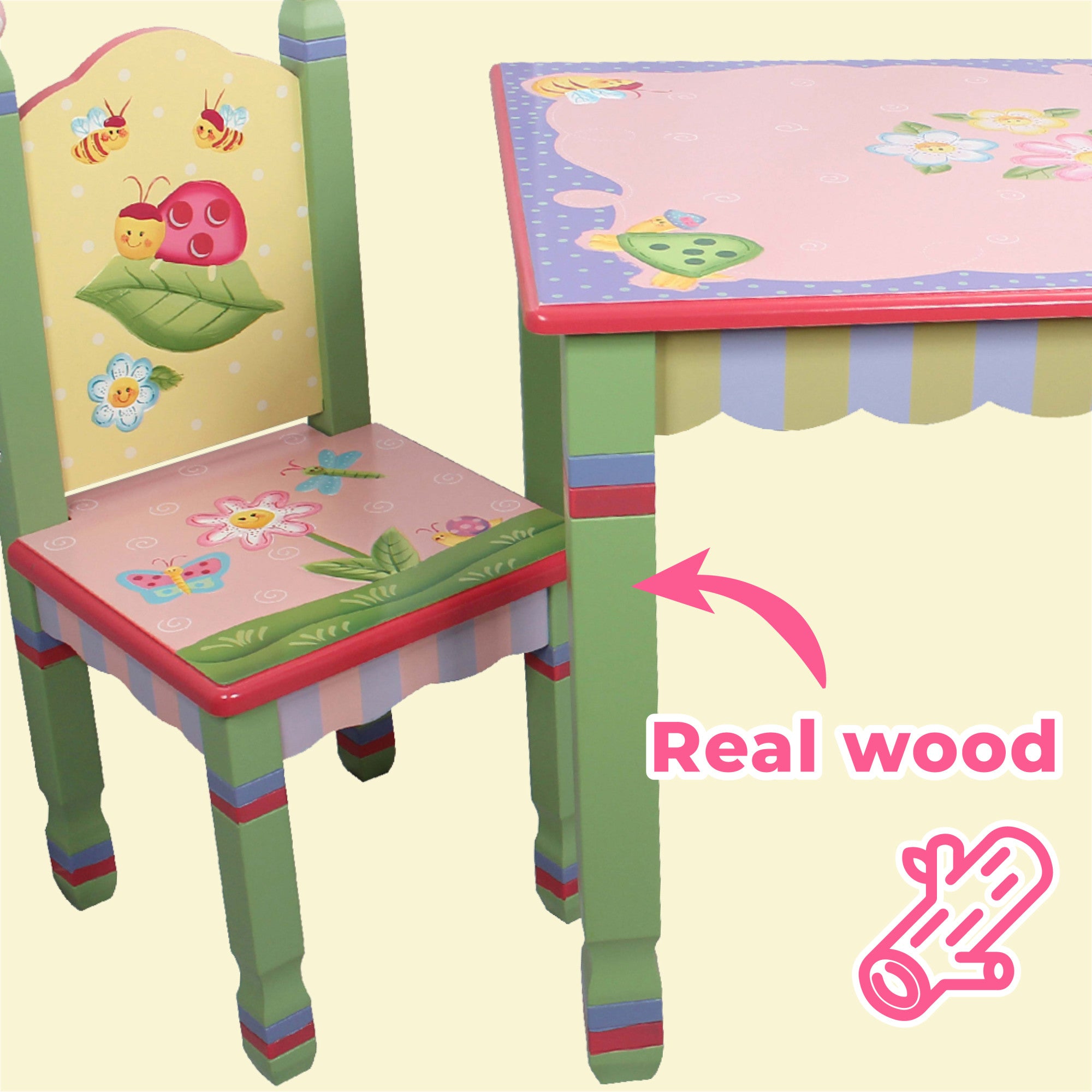Fantasy Fields Kids Painted Wooden Magic Garden Table with 2 Chairs, Multicolor