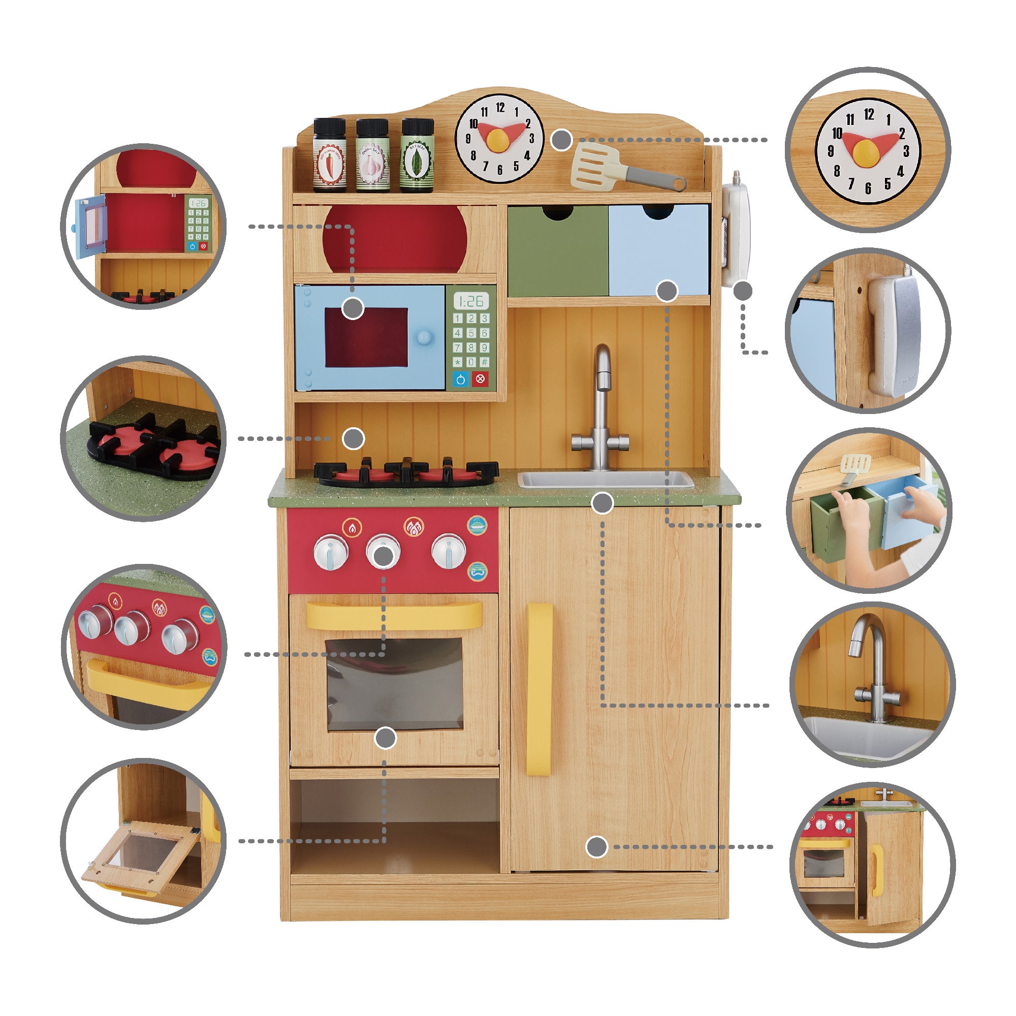 Teamson Kids Little Chef Florence Classic Play Kitchen with 5 Kitchen Accessory Toys, Wood Grain