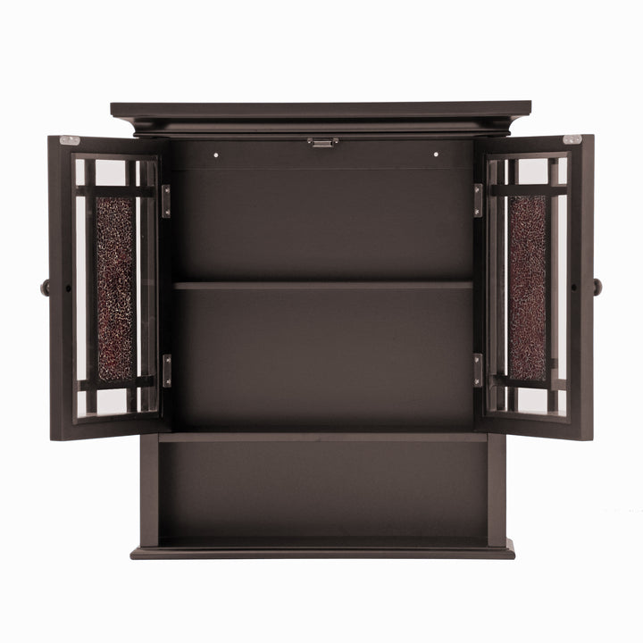 Teamson Home Dark Espresso Windsor Removable Wall Cabinet with Glass Mosaic Doors with the cabinet doors open to reveal the internal shelf