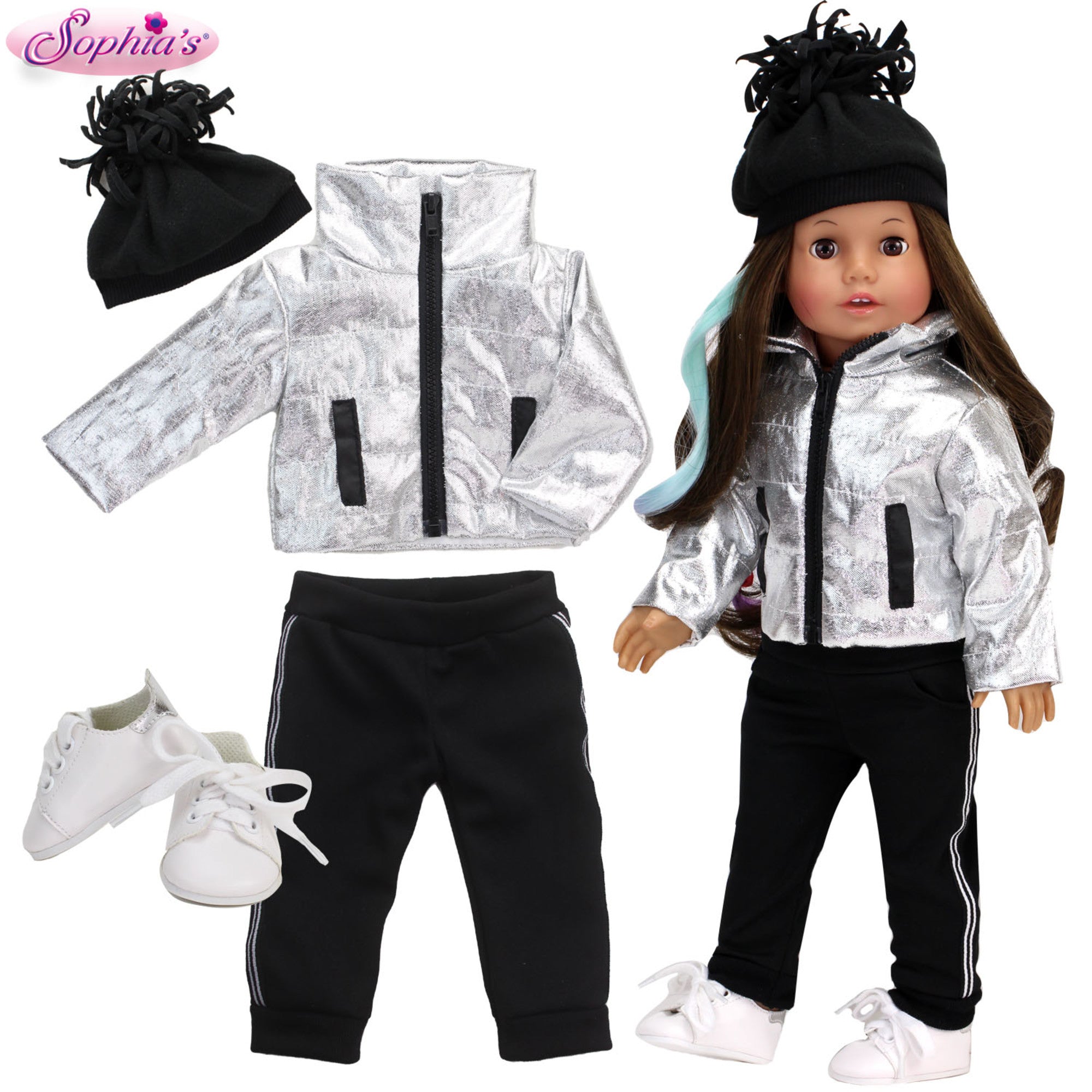 Sophia’s Complete Four-Piece Metallic Zip-Up Jacket, Black Side Stripe Joggers, Sneakers, & Pom Pom Hat for 18” Dolls, Silver/Black