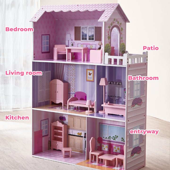 Olivia's Little World Dreamland Tiffany Dollhouse with 12 Accessories, Pink/Purple, with captions, "Bedroom", "Living Room", "Kitchen", "Patio", "Bathroom", "Entryway"