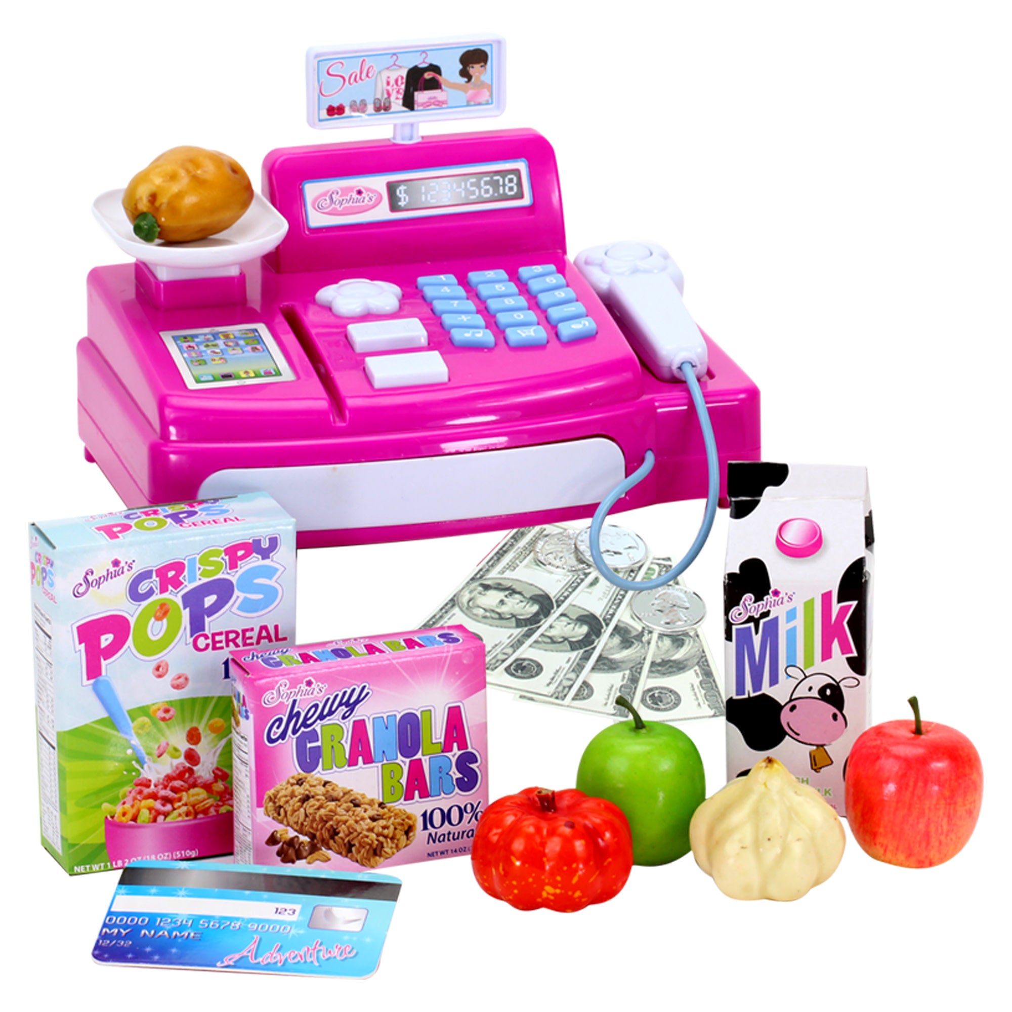Sophia's Cash Register, Grocery Food, and Money Interactive Play Set for 18" Dolls, Hot Pink