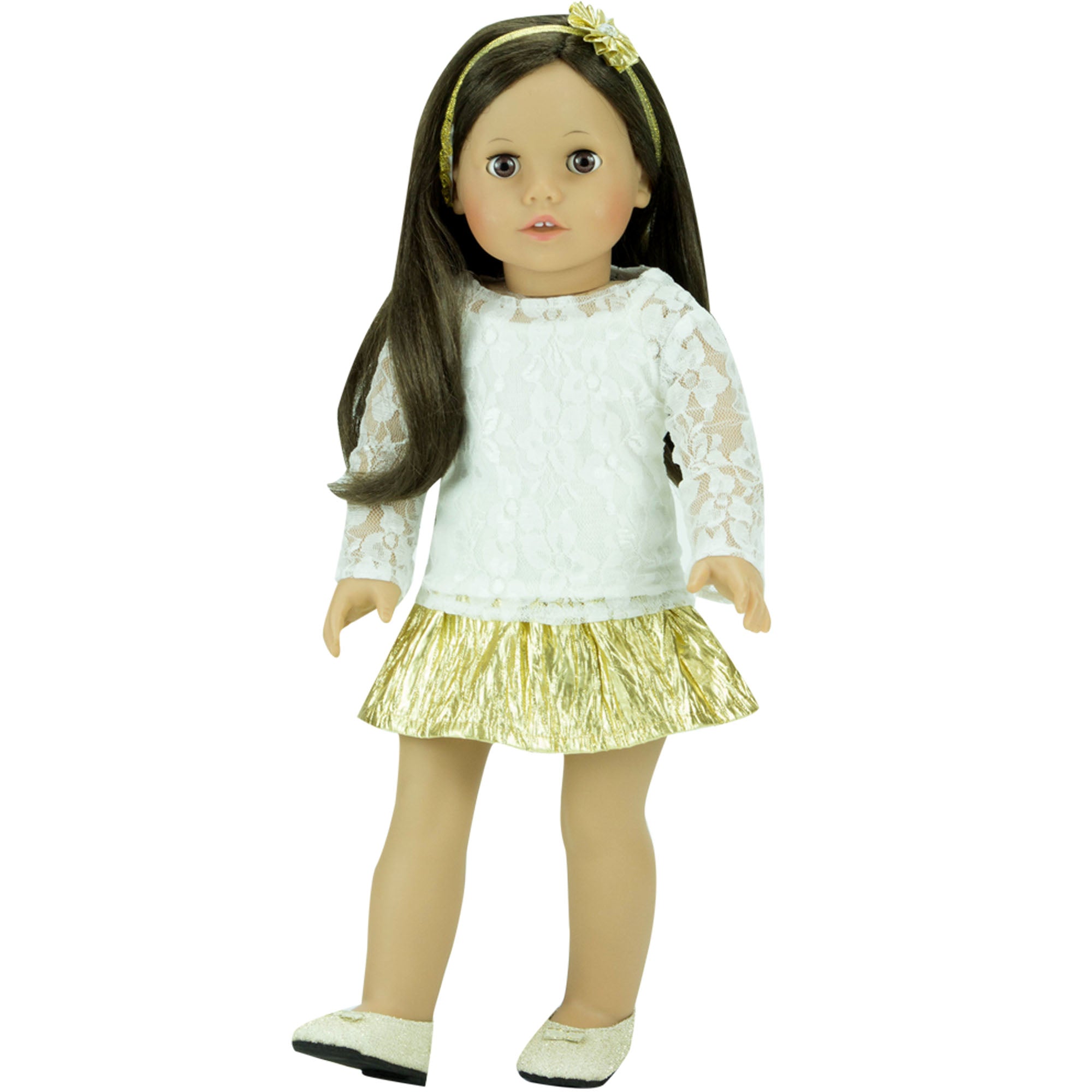 Sophia's 3 Piece Lace Shirt, Metallic Tutu Skirt and Matching Headband for 18" Dolls, Ivory/Gold