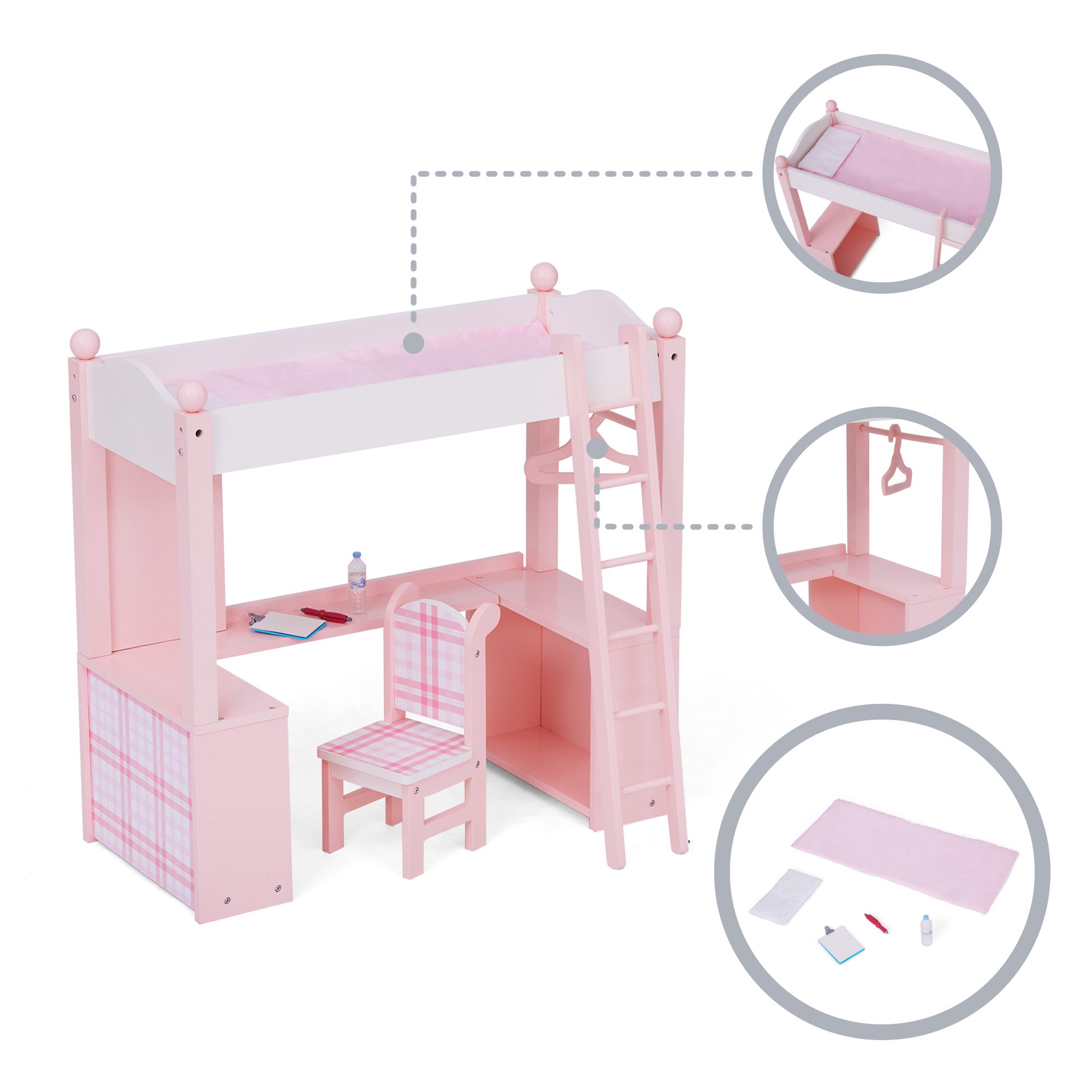 Sophia's Aurora Princess Plaid Loft Bed, Desk, Chair, & Play Accessories for 18" Dolls, Pink
