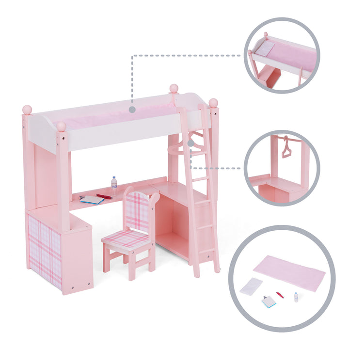 Callouts of features: the bed with a white pillow and pink blanket, a bar with a hanger, accessories include a pink blanket, white pillow, clip board, red pen, bottle of pretend water.