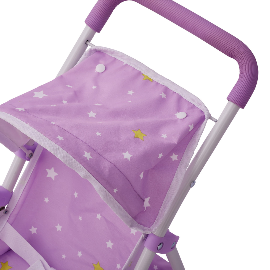 Close-up of the retractable canopy and handle on a purple with white stars baby doll jogging stroller with purple wheels and a white frame.
