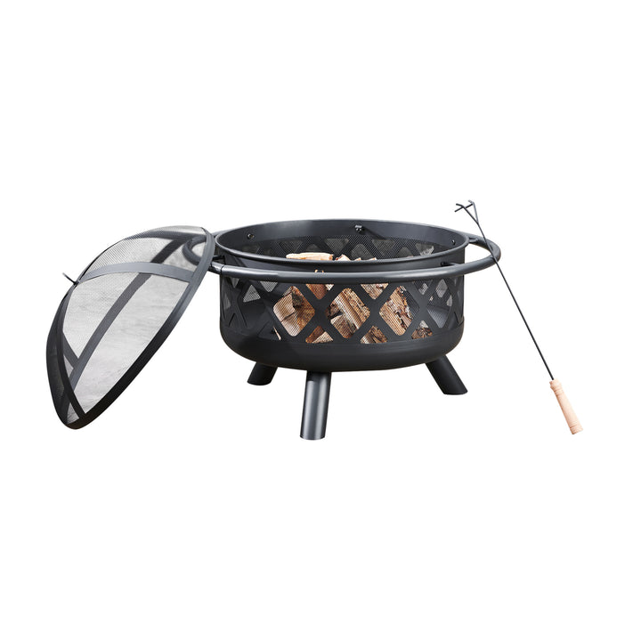 Outdoor Teamson Home 30" Outdoor Round Wood Burning Fire Pit with Steel Base, Black with a protective mesh cover and poker.