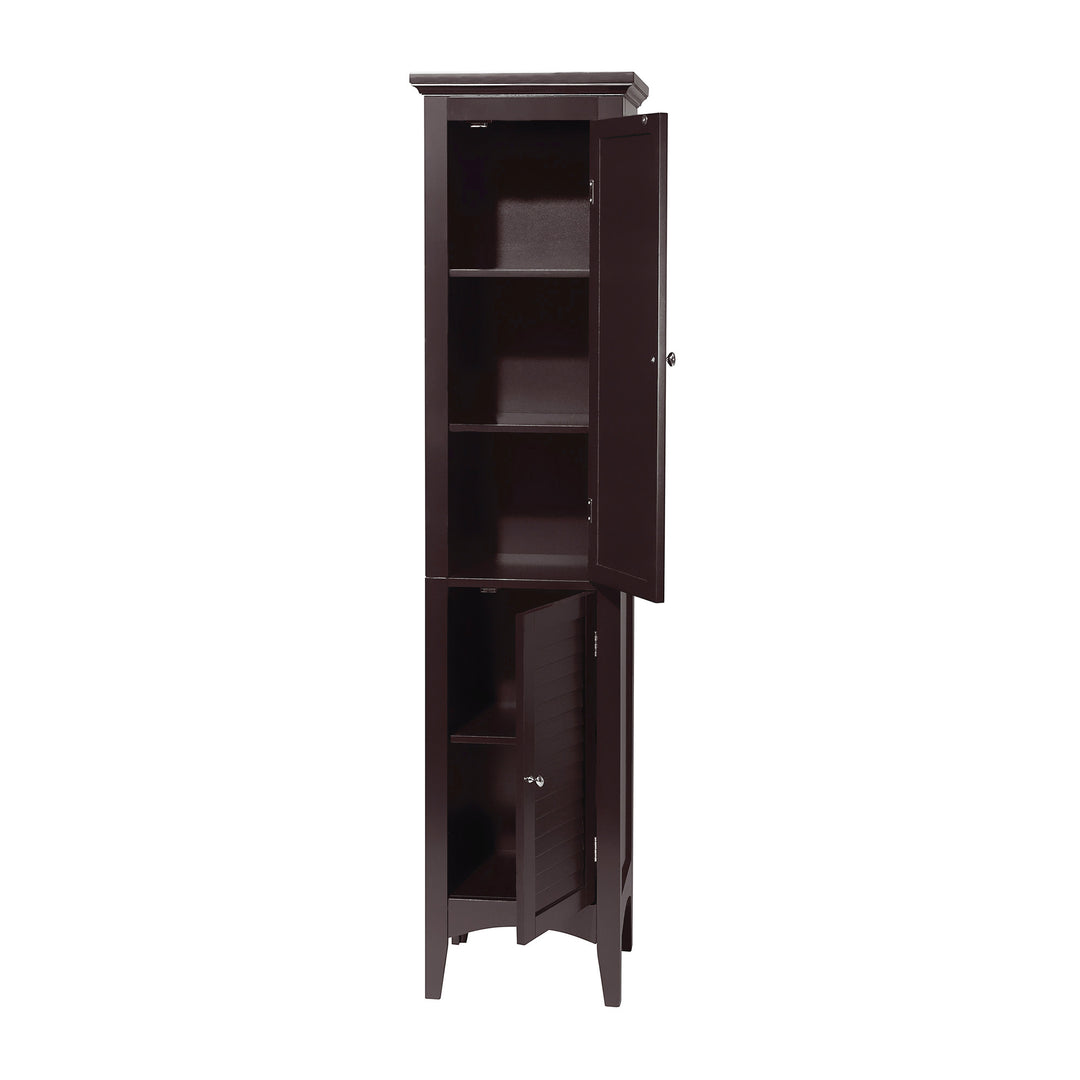 A Dark Brown Teamson Home Glancy Linen Cabinet with louvred doors with the doors open
