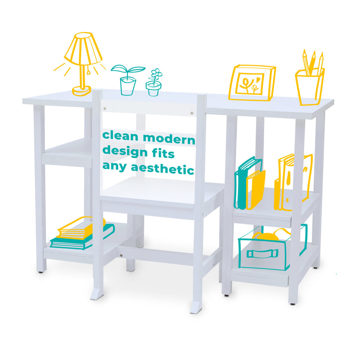 A white children's desk and matching chair with caption "clean modern design fits any aesthetic" with illustrations of books on shelves, plants, desk lamp, frame, and pencils.