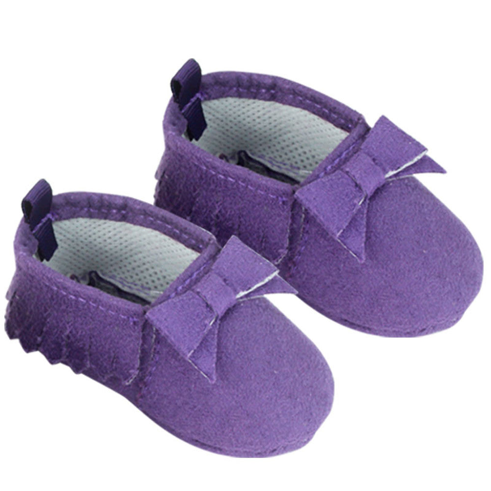 Sophia’s Small Adorable Mix & Match Suede Slip-On Moccasin Shoes with Fringe Details and Bows for 15” Baby Dolls, Purple