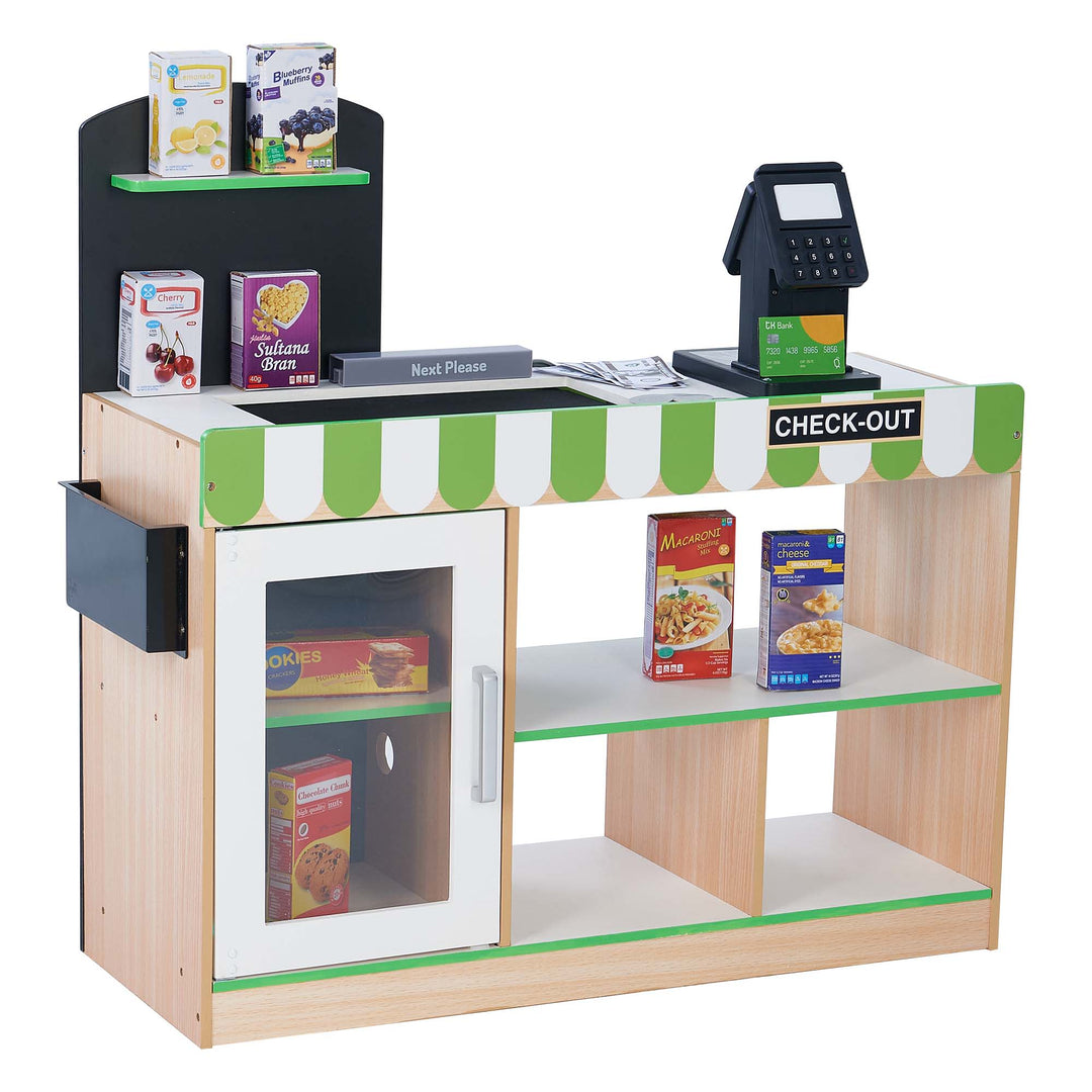 Kids' Teamson Kids Cashier Austin Play Market Checkout Counter with 26 Accessories, Green/Natural and a cash register.