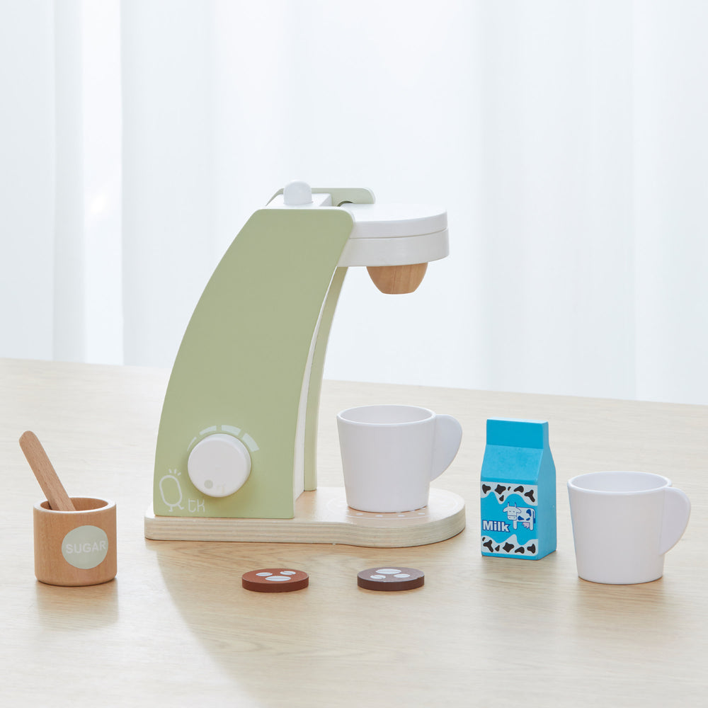 Teamson Kids - Little Chef Frankfurt Wooden Coffee machine play kitchen accessories displayed on a wooden tabletop
