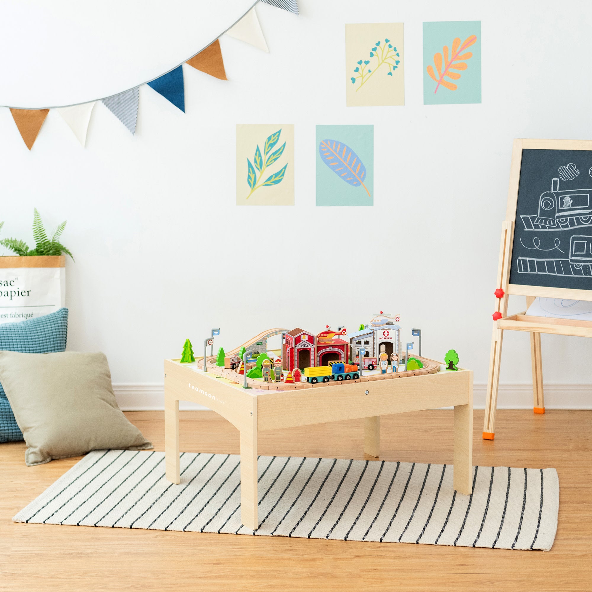 Teamson Kids Preschool Play Lab Toys Wooden Table with 85-pc Train and Town Set, Natural