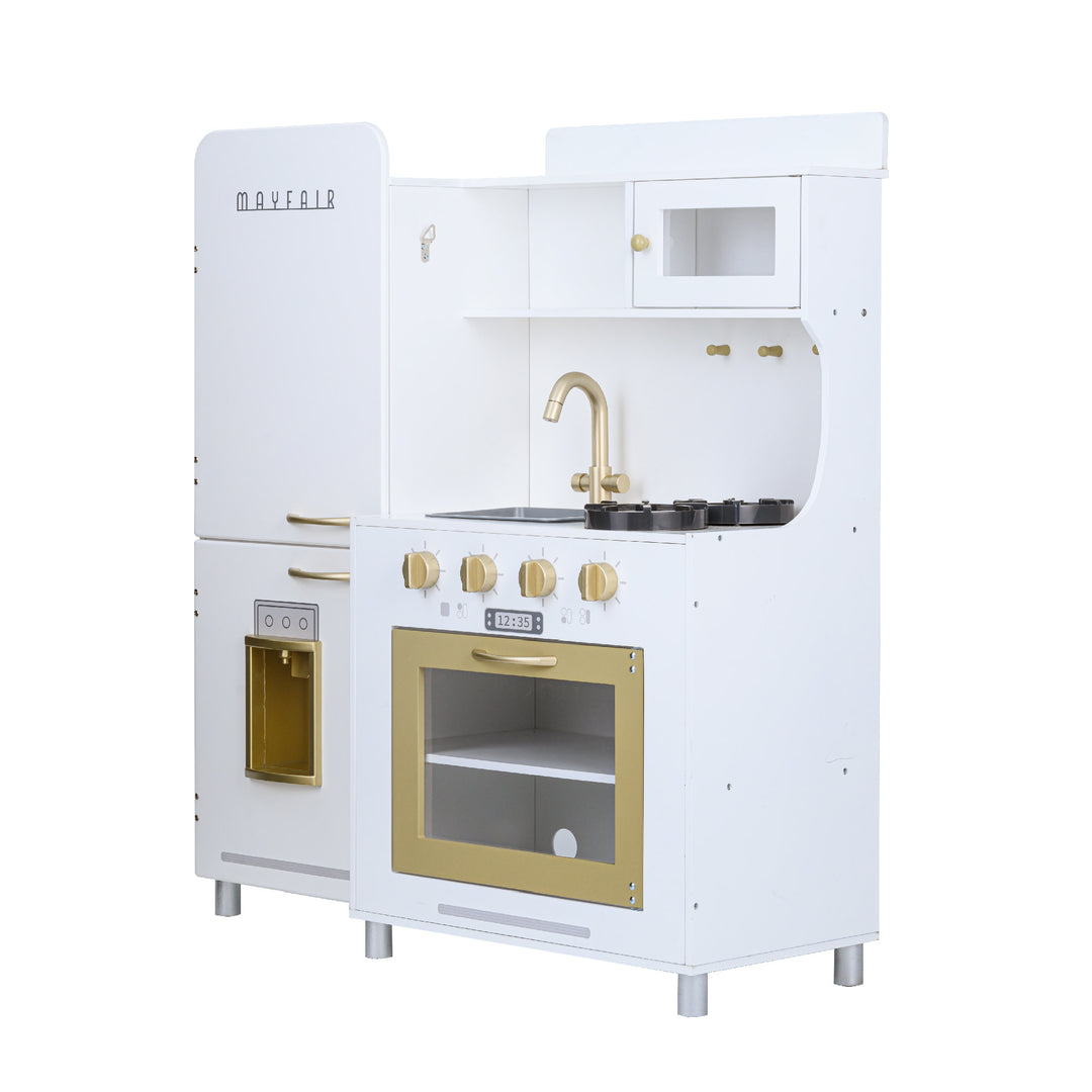 Teamson Kids Little Chef Mayfair Classic Kids Kitchen Playset pictured at an angle with 11 Accessories, White/Gold with interactive features, including a stove, sink, and cabinet.