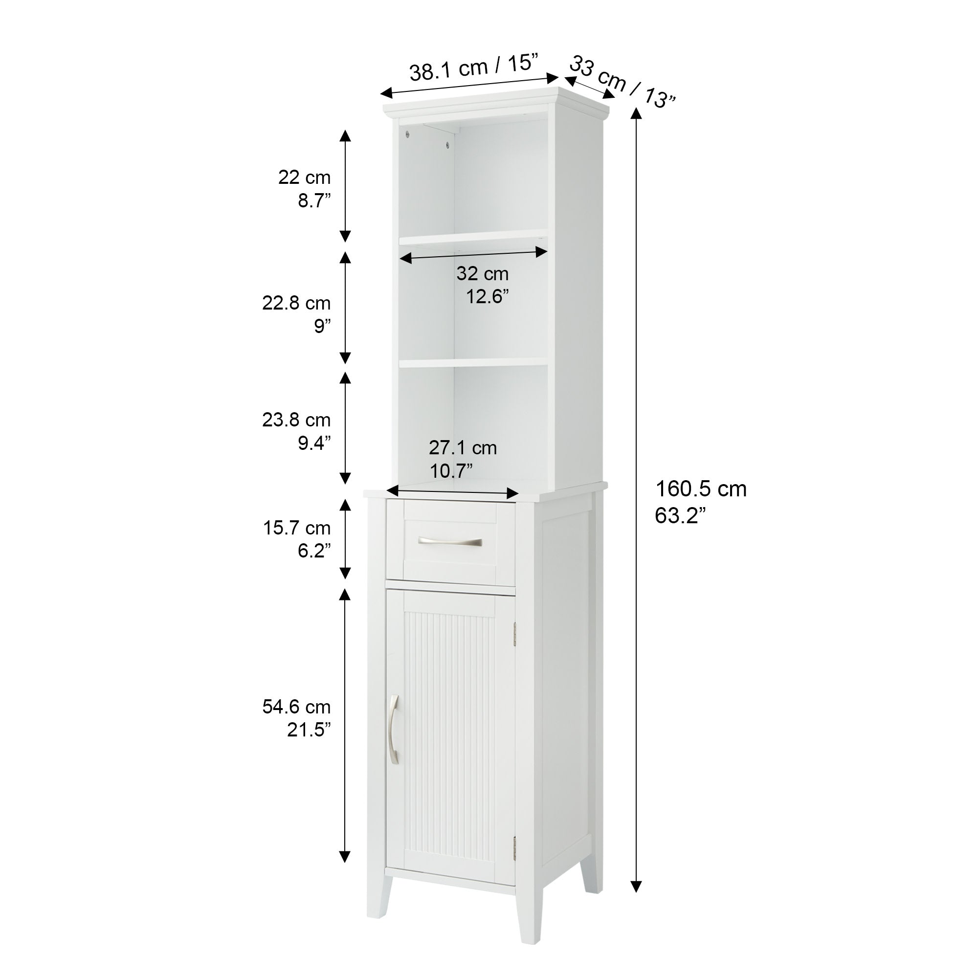 Teamson Home Newport Contemporary Wooden Linen Tower Storage Cabinet with Open Shelves, White