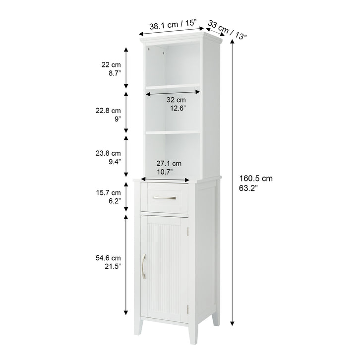Teamson Home Newport Contemporary Wooden Linen Tower Storage Cabinet with Open Shelves, White with dimensions labeled.