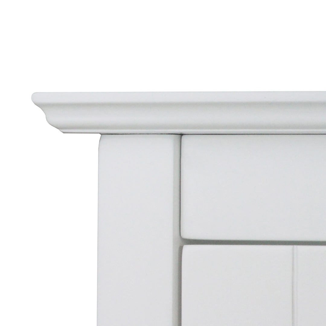 Close-up of the beveled top of the Connor Floor Cabinet, white