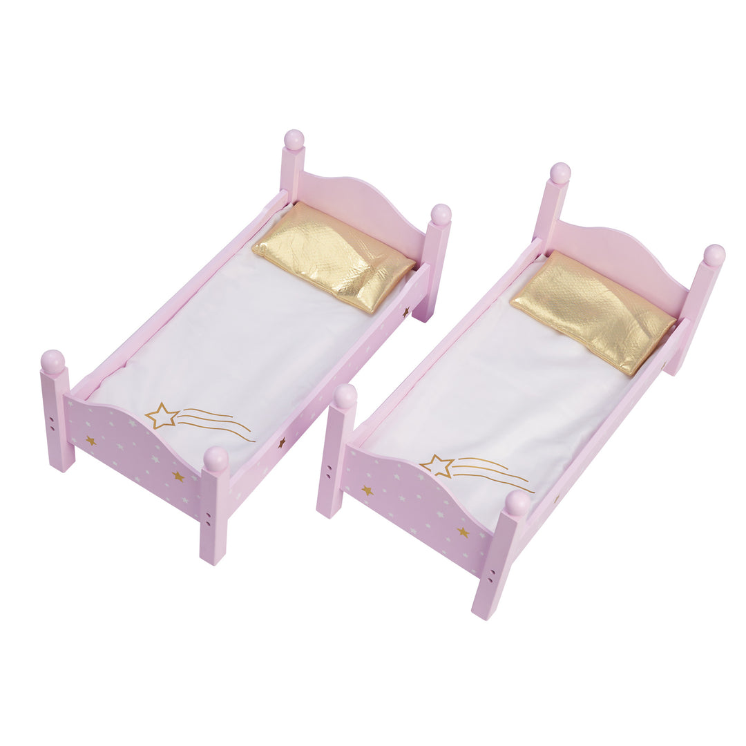 An 18" doll bunk bed pink with white and gold stars, a pink ladder, gold pillows with white blankets, separated into two single beds.