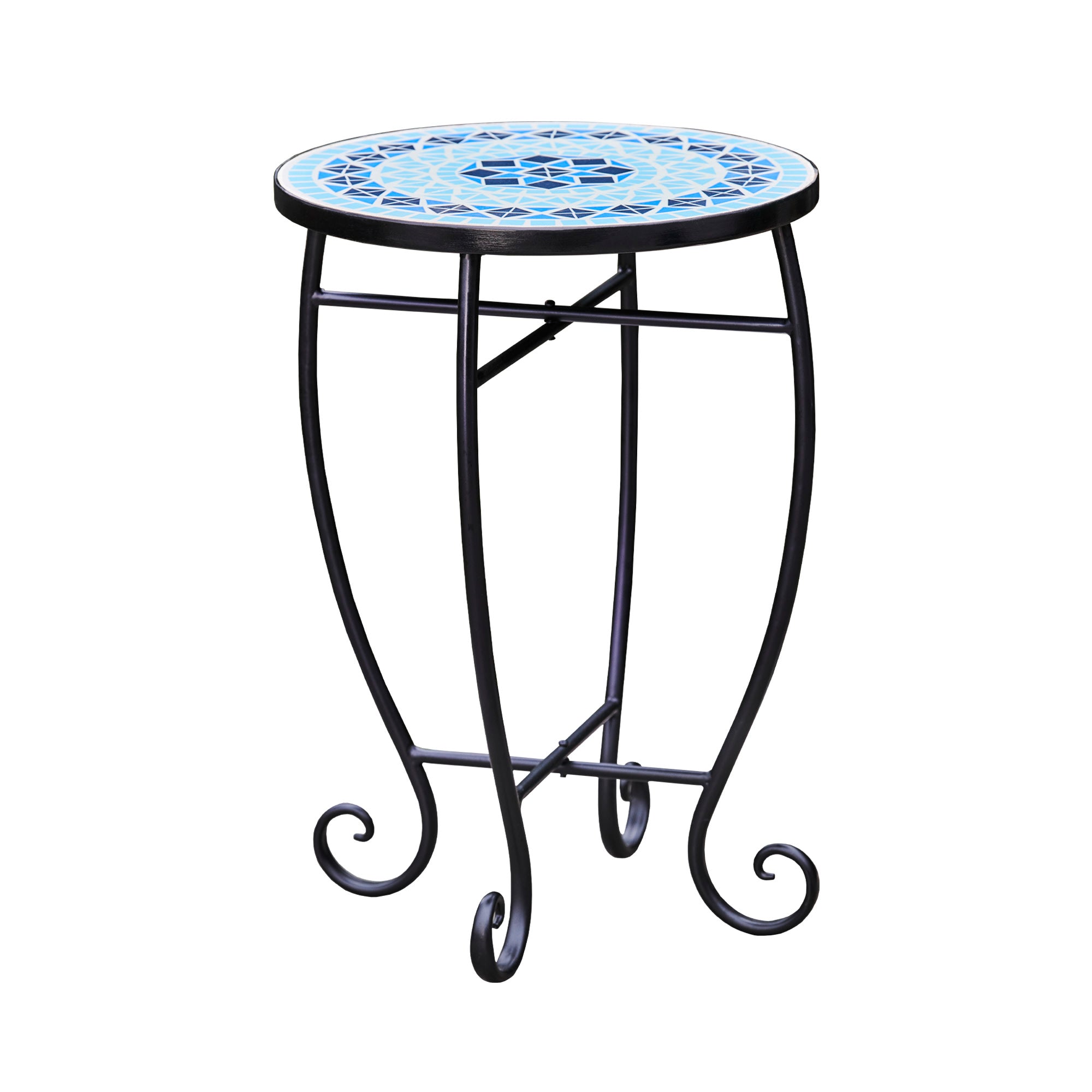 Teamson Home Small 14" Round Outdoor Mosaic Side Table Planter Stand, Blue