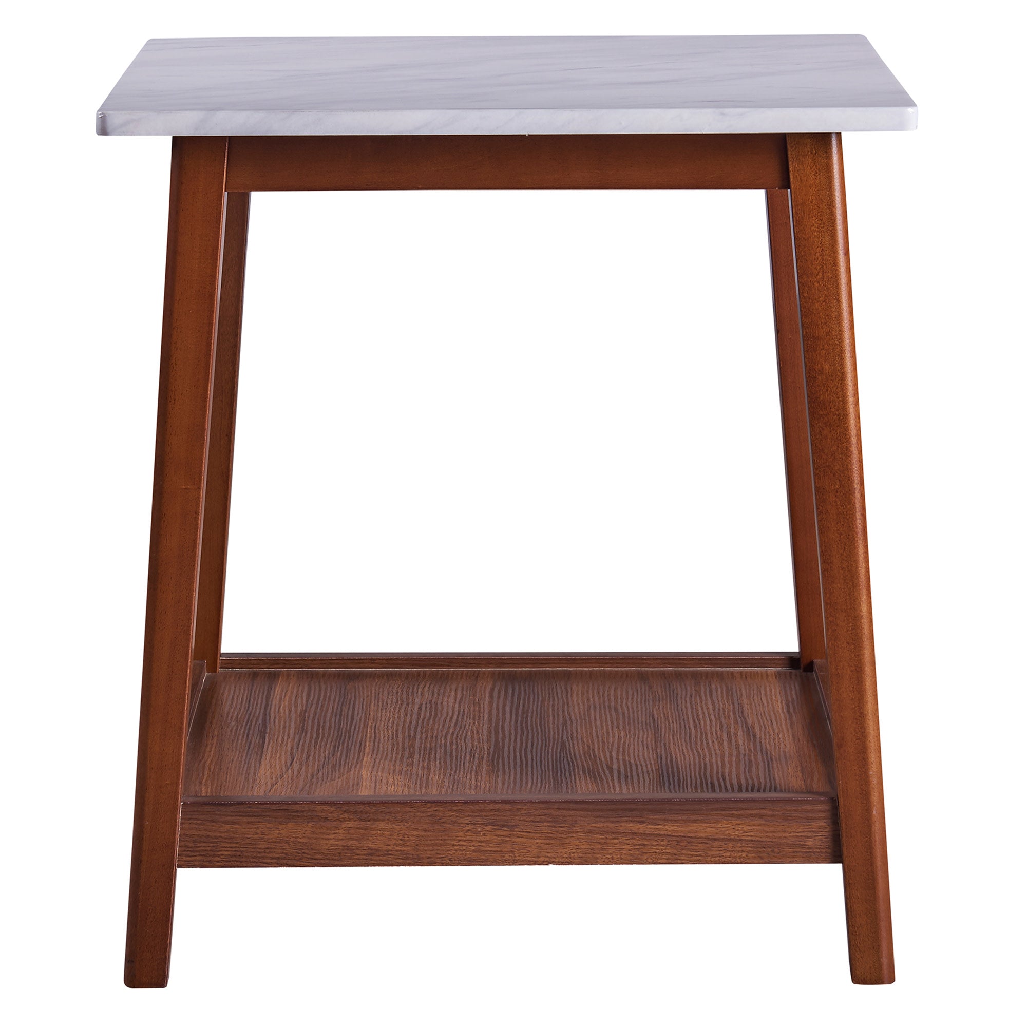 Teamson Home Kingston Wooden Side Table with Square Faux Marble Top & Open Bottom Shelf, White/Walnut