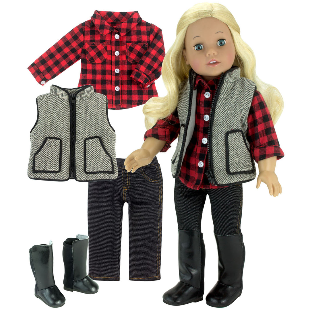 A blonde 18" doll with blue eyes is dressed in a gray herringbone vest with a zipper, a red buffalo check shirt, a pair of dark denim jeans with yellow stitching, and a pair of black knee-high boots with each item laid out separately next to her.