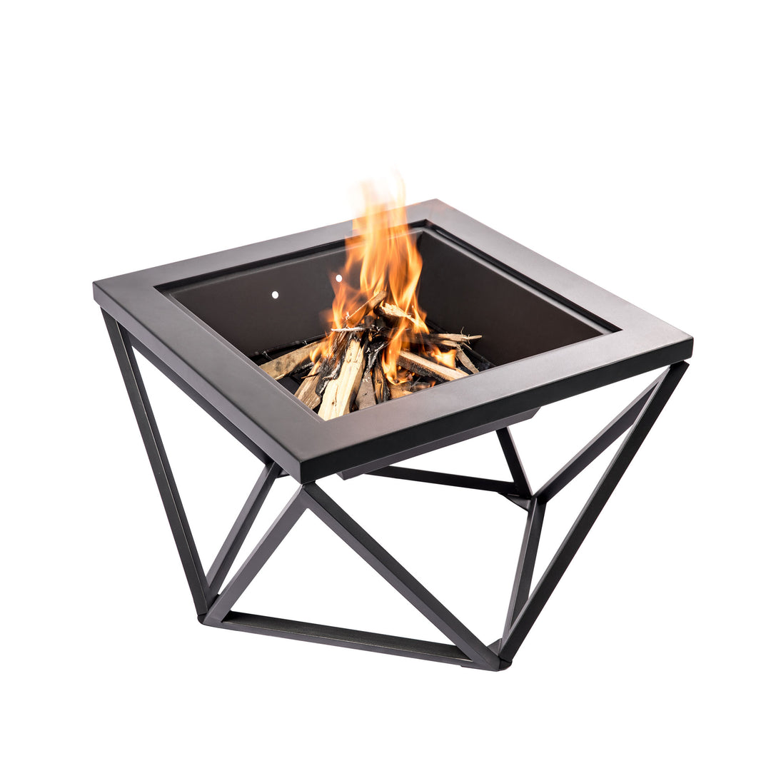 Teamson Home Outdoor 24" Wood Burning Fire Pit with Tabletop and Decorative Base, Black with a fire burning inside