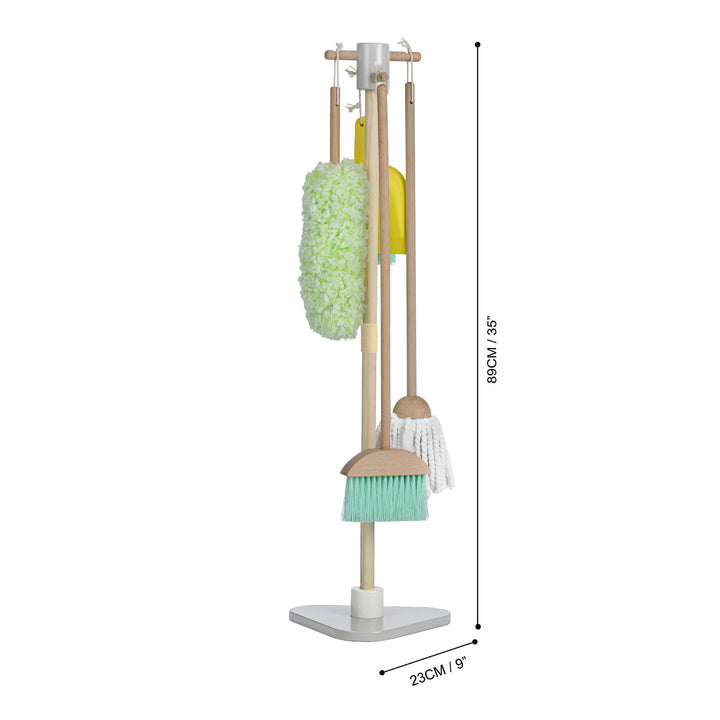 Freestanding Teamson Kids 6 Piece Little Helper Cleaning Set rack with four different cleaning brushes and a mop designed for kids' cleaning play set, with dimensions indicated in centimeters and inches.
