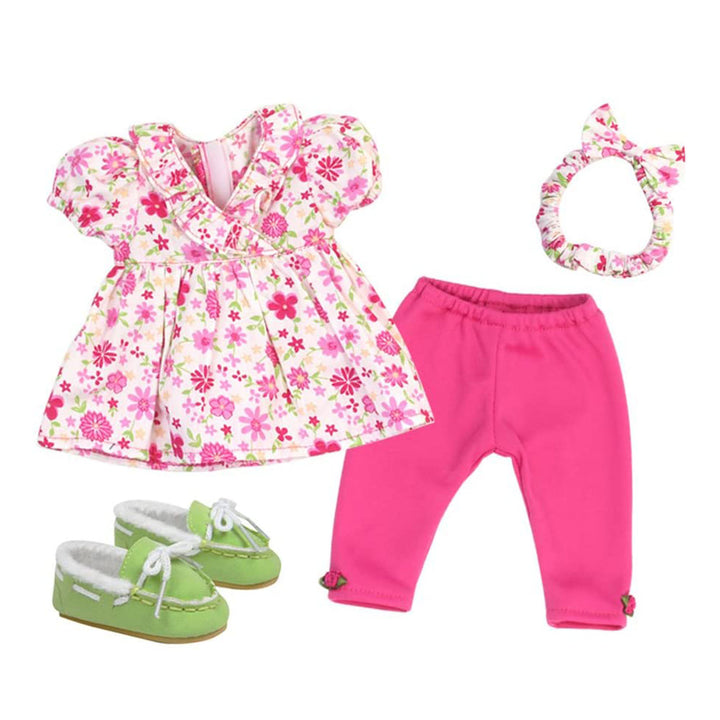 A pink and green Sophia's 8 Pc Set outfit, headband, and shoes for two 15" dolls.