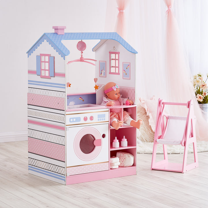 A baby doll changing station/dollhouse combination play set in periwinkle and pinks with an individual baby doll swing.