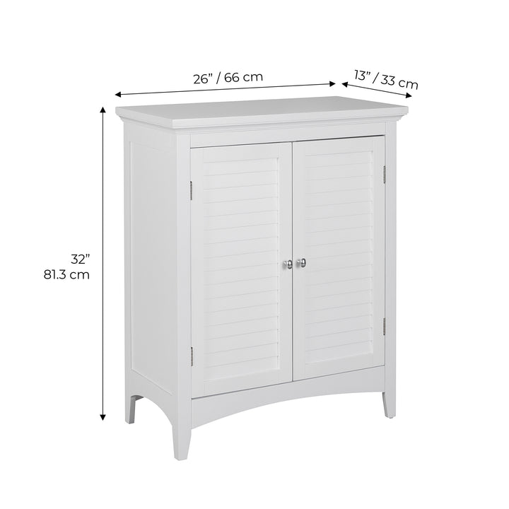 White Glancy 2-Door Floor Cabinet with Louvered Doors, Chrome Knobs with dimensions in inches and centimeters