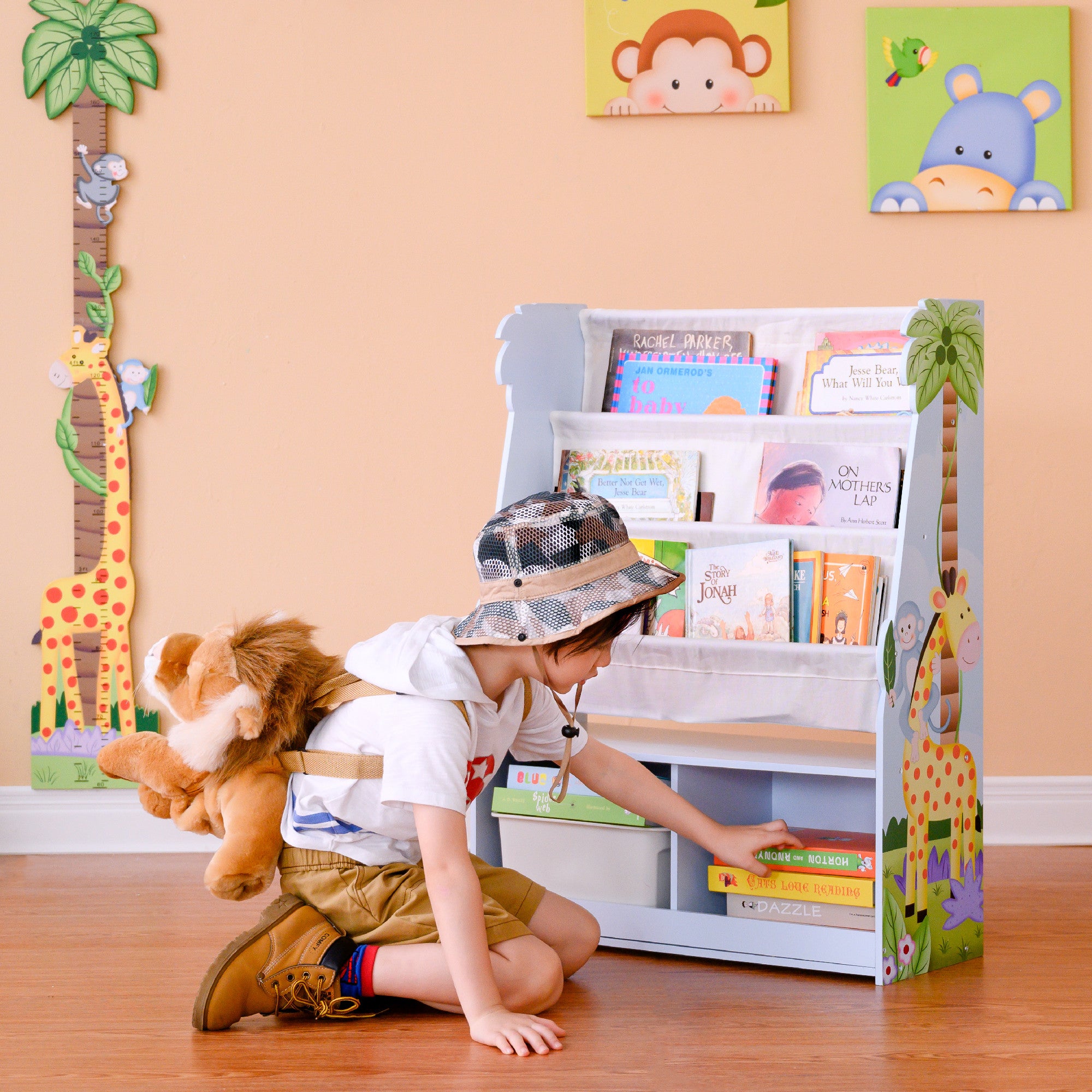Fantasy Fields Kids Sunny Safari Wooden Display Bookshelf with Storage Drawer, Multicolor