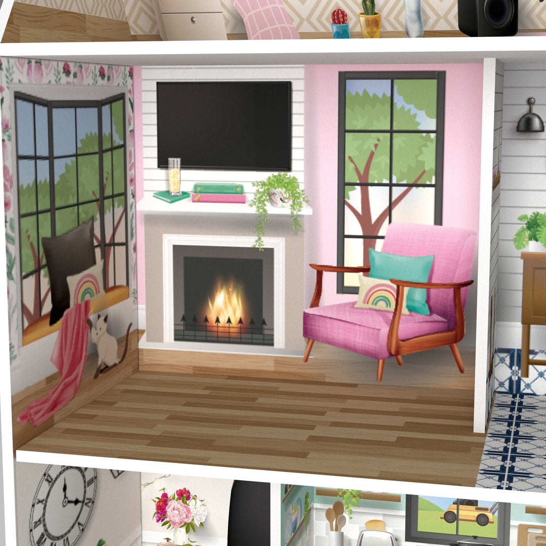 A close-up of the fully-illustrated living room with windows, a fireplace, a chair and windowseat.