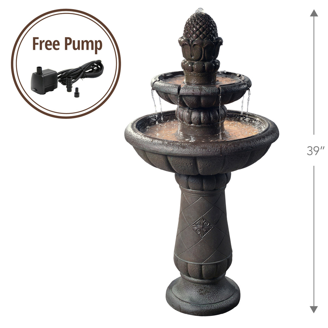 Teamson Home Outdoor Deluxe Pineapple 2-Tier Pedestal Fountain, Gray, with a callout for the free pump and the height of the fountain