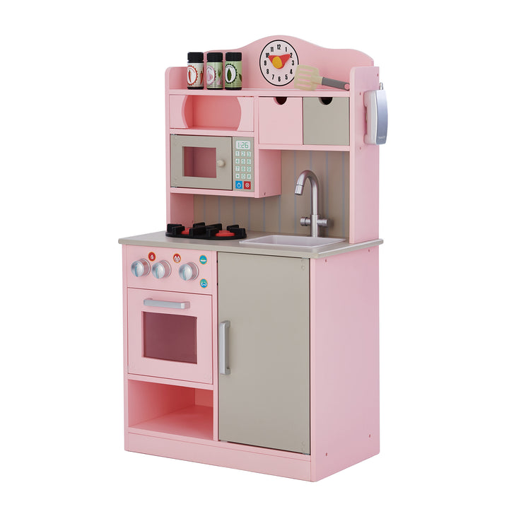 Teamson Kids Little Chef Florence Classic Play Kitchen in pink and white colors with stove, sink, and microwave features.